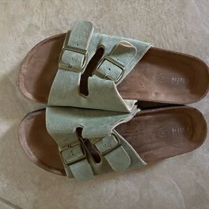 Green Suede Double Buckle Sandals